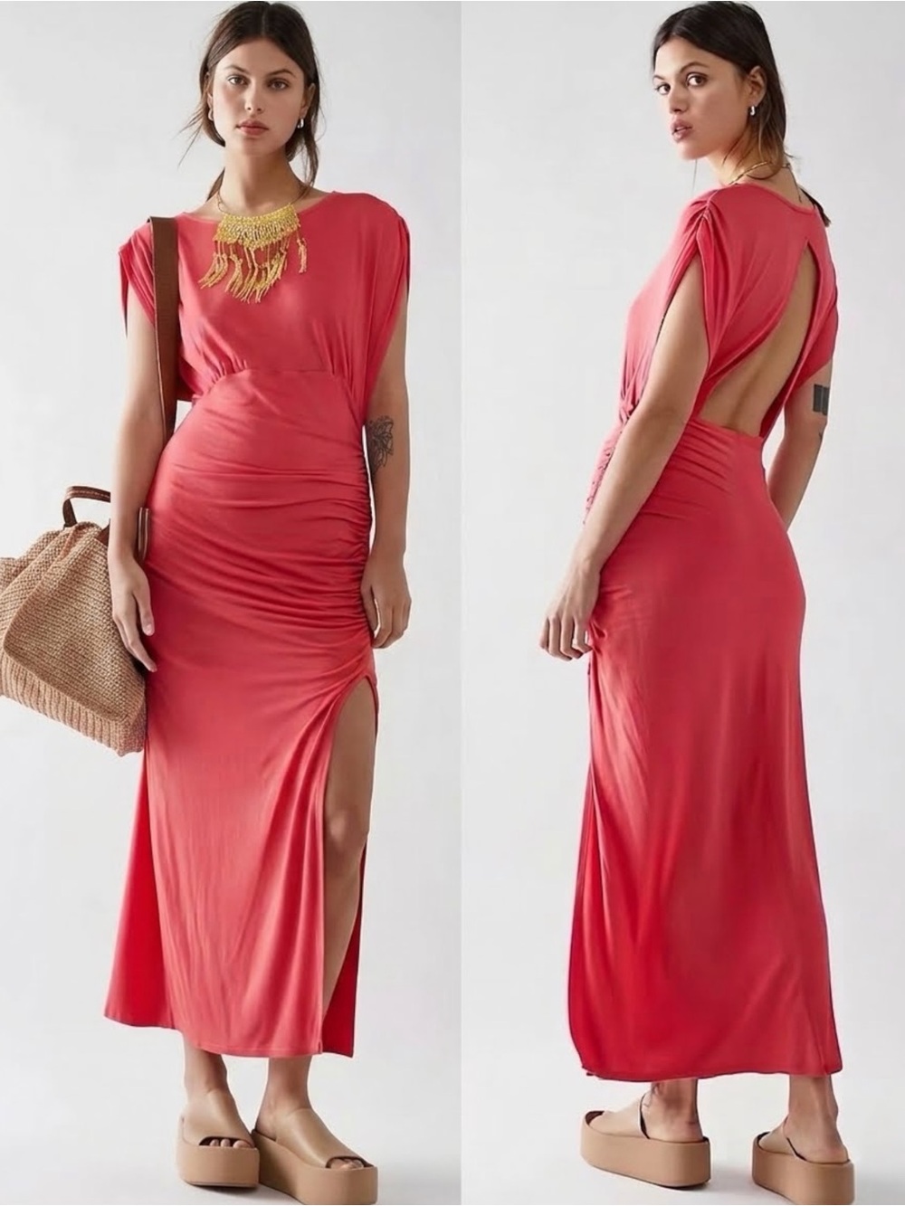 Lakeside Solid Ruched Side Slit Midi Dress Bella Rose Pink Open Back Small NWOT